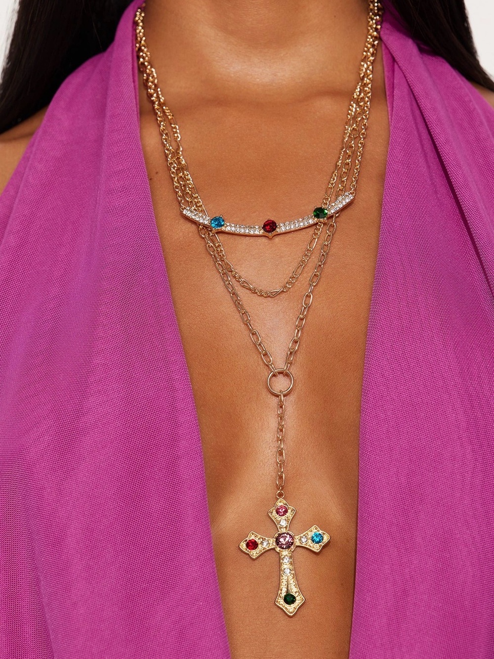 Gold Multi-Stone Layered Cross Necklace - Pink Accent